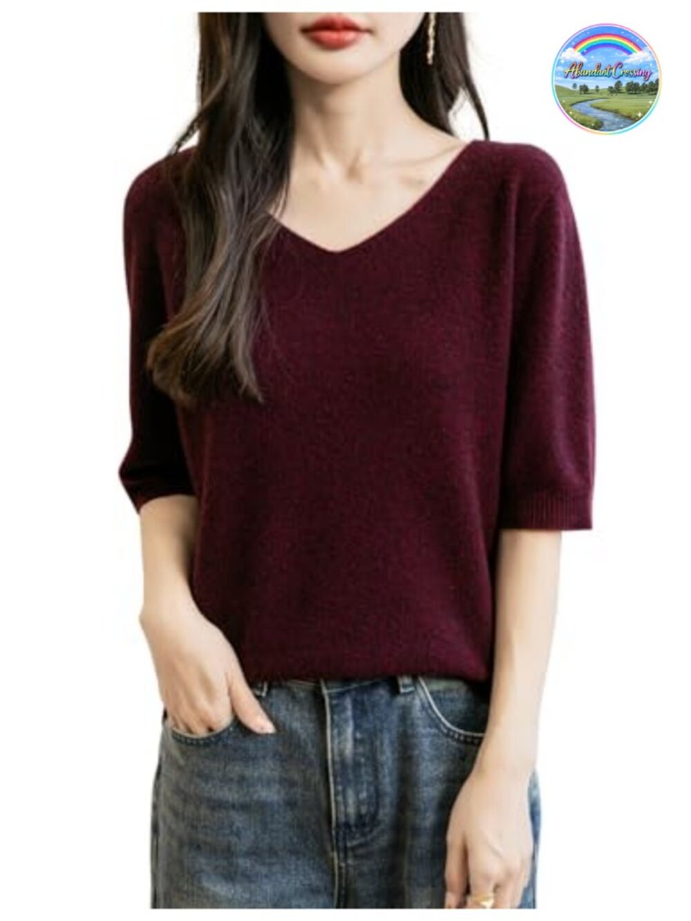 100% Merino Wool Seamless Knit V-Neck Short Sleeve Sweater